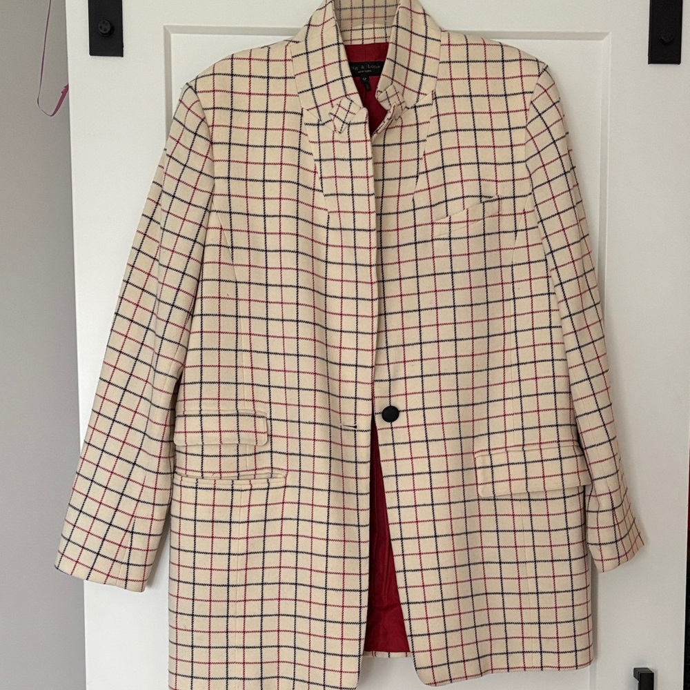 rag & bone Cream Plaid Coat with Red Lining